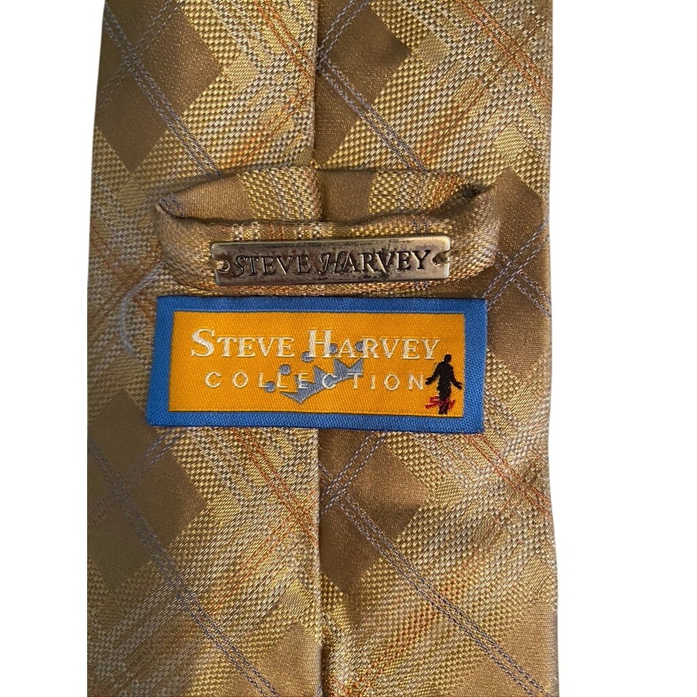 Steve Harvey Collection‎ Mens Silk Necktie Gold Tan Plaid Geometric Formal Tie